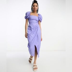 & other stories puff sleeve corset wrap midi dress lavender purple
